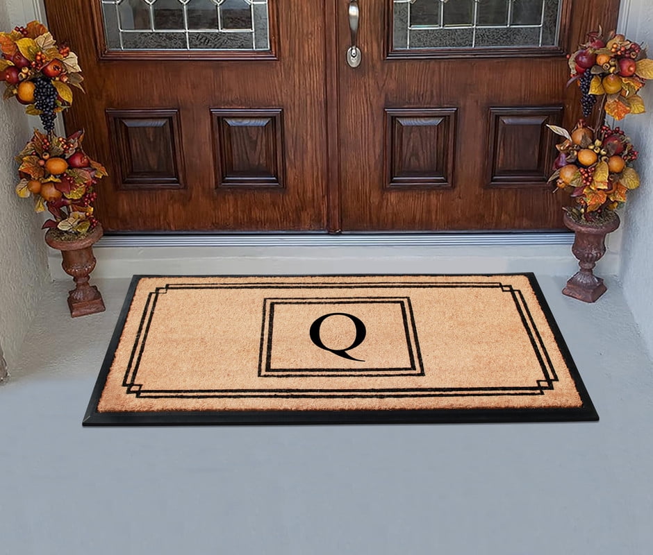 A1 Home Collections Rubber & Coir Mat, Heavy Duty, Extra Large, Front Door Mat 24"X48", Black/Beige Doormat Monogrammed Q