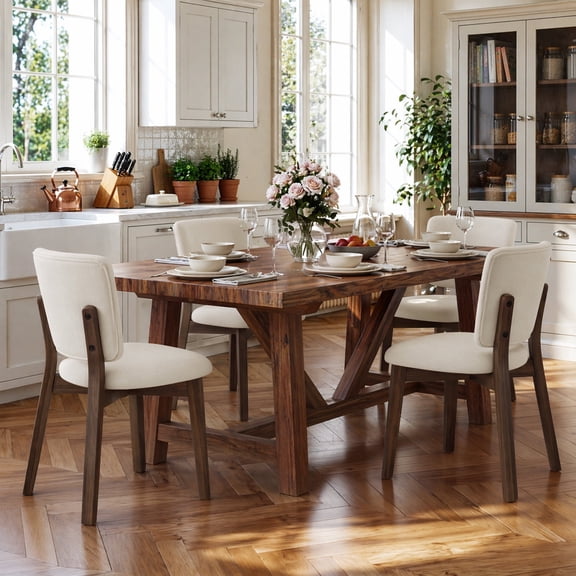 Dycanpo Wooden Dining Chairs Set of 4, Wide Back Kitchen Side Chairs for Modern Farmhouse Dining Room, Linen Upholstered and Dark Brown Legs