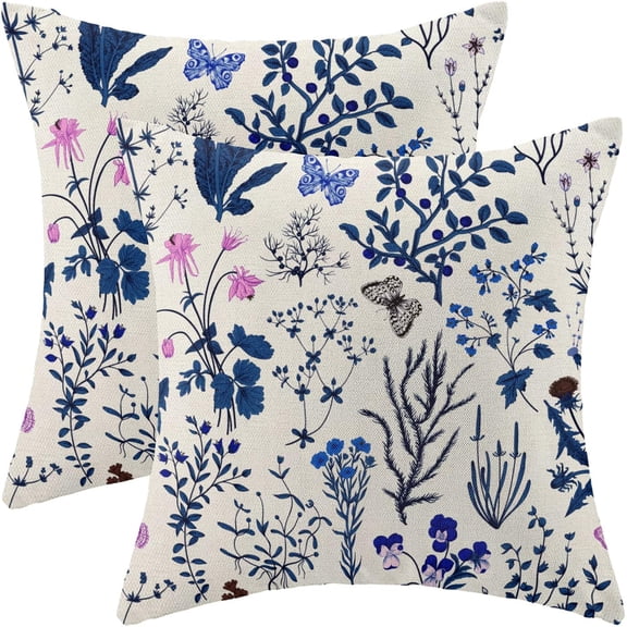 Summer Pillow Covers 18x18 Inch Set of 2,Navy Blue Wild Flower Plant Throw Pillows Case,Seasonal Floral Outdoor Decorative Square Farmhouse Decor Cushion Covers for Home Sofa Bed Couch