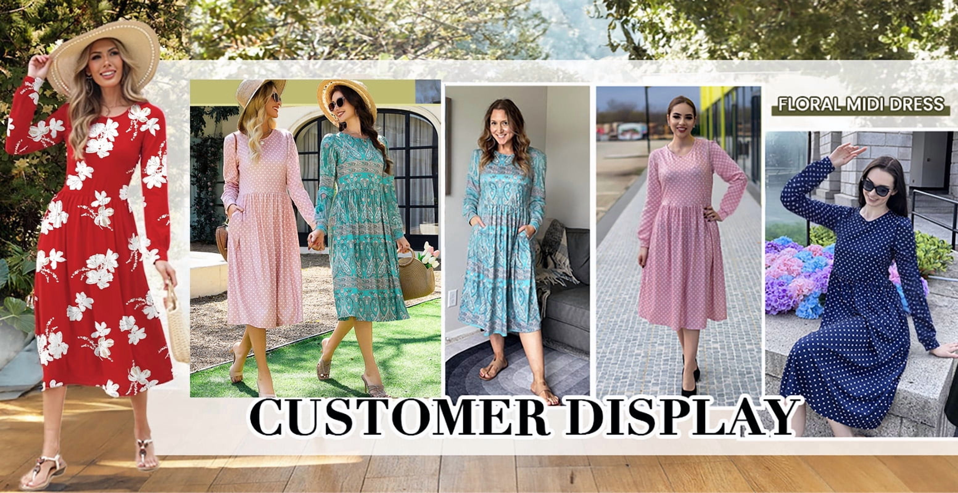 Fantaslook Long Sleeve Midi Dresses for Women Casual Floral Dress Flowy Fall Dresses with Pockets