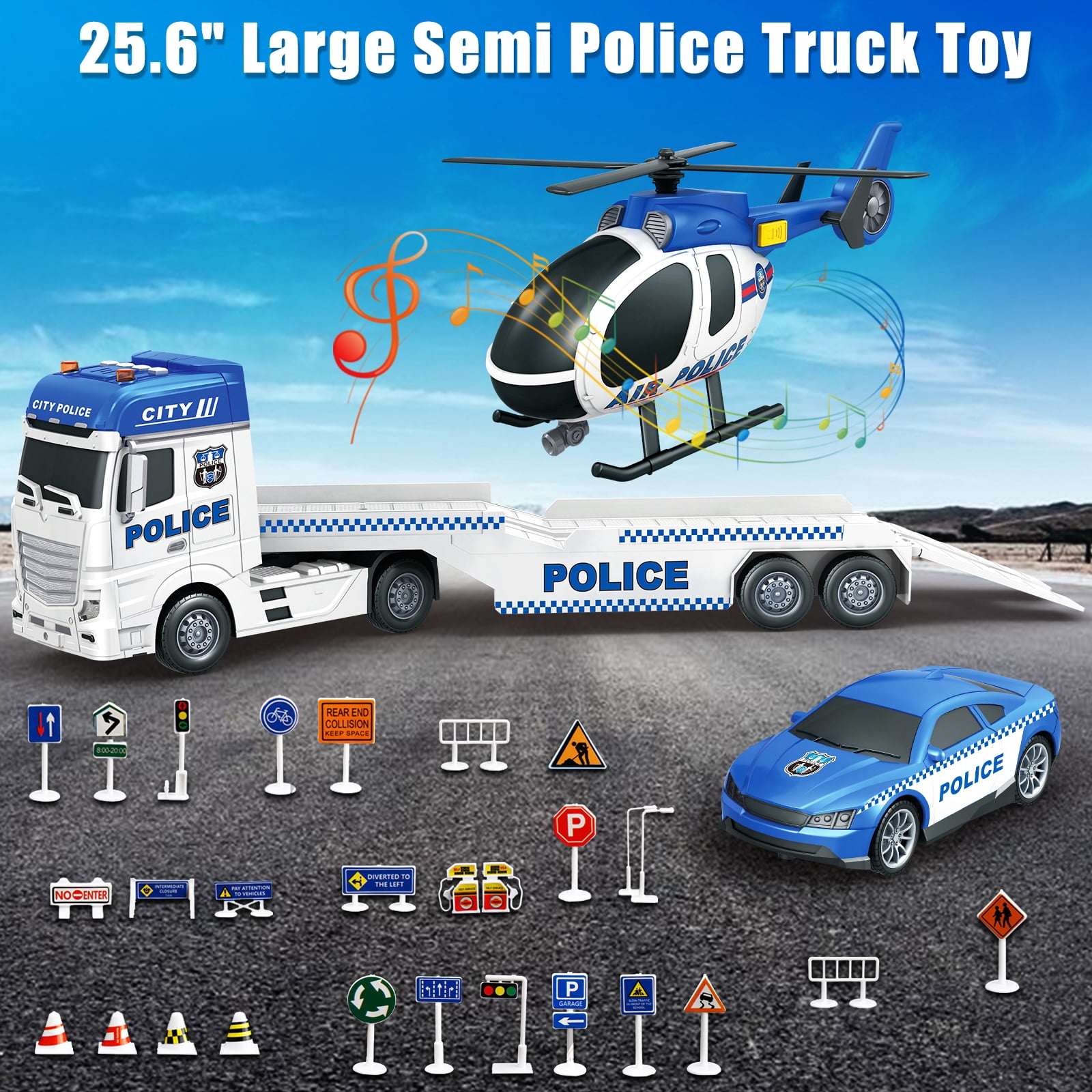 3 in 1 Large Police Truck Toy, 25" Semi Flatbed Truck Toy with Racing Car and Helicopter, Friction Powered Vehicles Toys with Lights and Sounds