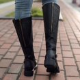 thumbnail image 5 of Faux Leather Boots for Womens Knee High Slouchy Wide Calf Round Toe Boots Winter Buckle Strap Low Heels Riding Combat Booties, 5 of 6