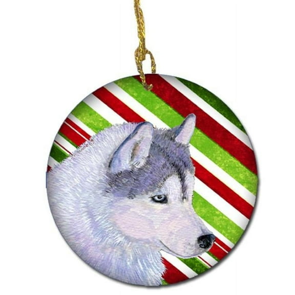 Siberian Husky Candy Cane Holiday Christmas Ceramic Ornament