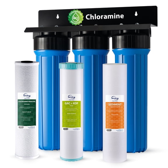 iSpring WGB32B-KSNC Whole House Filter System: SGS-Tested, removes 94.4% Chloramine. 3-Stage filtration for Lead, Metals & VOCs. 20”x4.5” filters with 1” Inlet/Outlet for high flow.