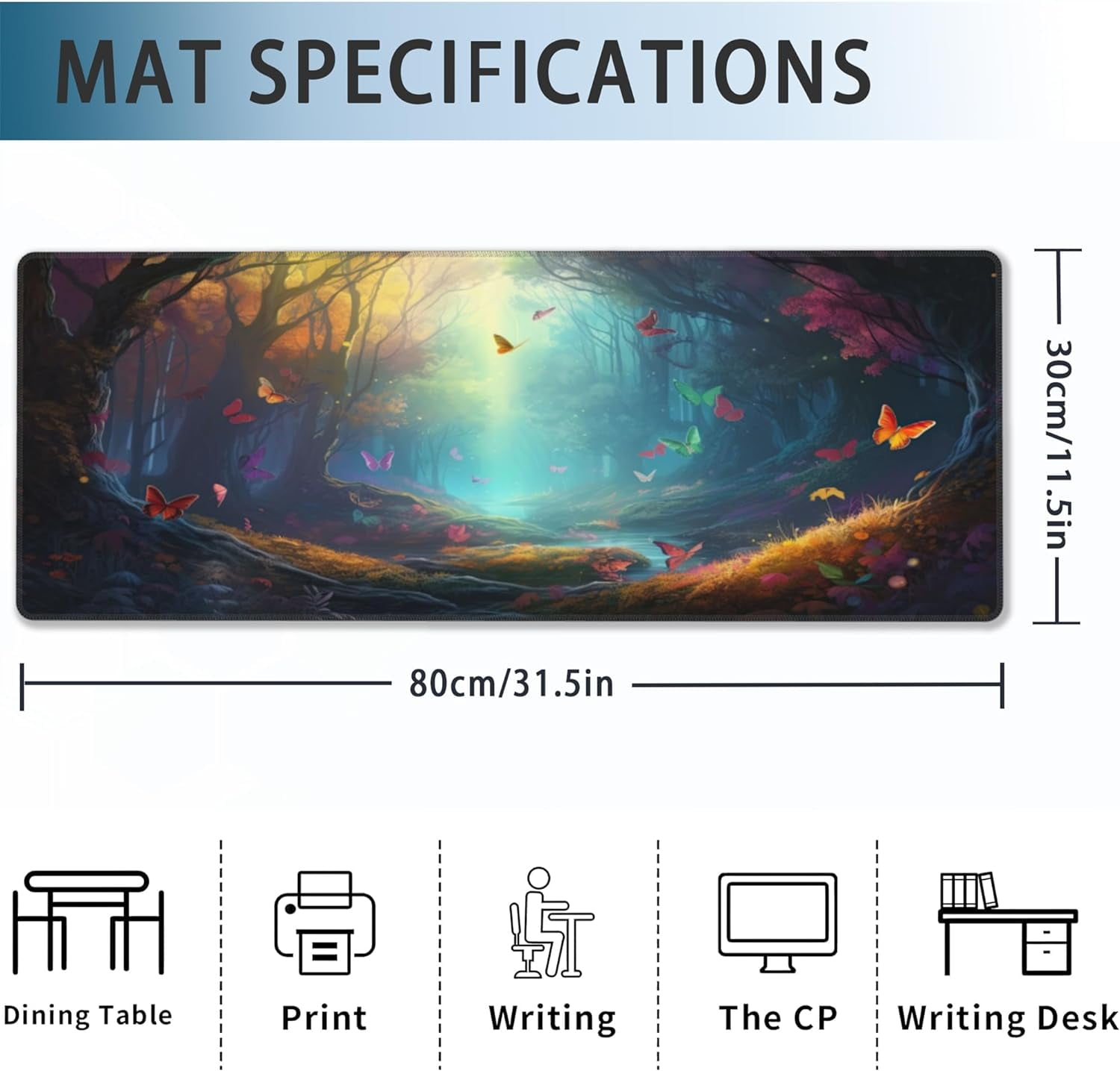 Desk Mat, Fantasy Landscape with Colorful Butterfly Extended Gaming Mouse Pad Large, 31.5"x11.8" Big Mouse Pad with Non-Slip Base and Stitched Edge, Long Computer Keyboard Mouse Mat for Home Office