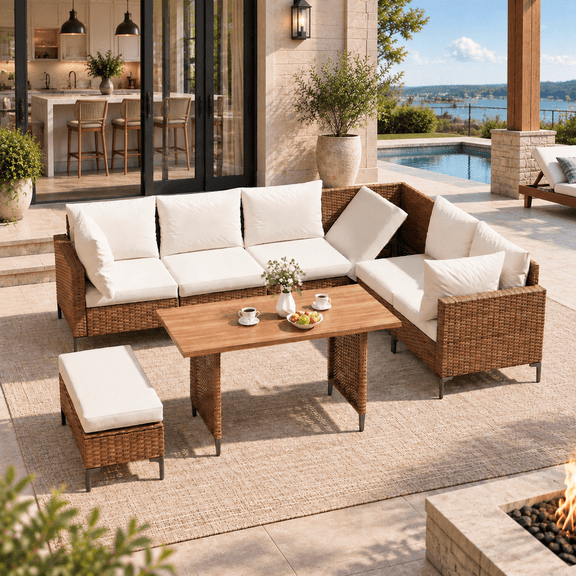 LAUSAINT HOME 8-Piece Patio Furniture Set, Outdoor Wicker Conversation Set with Adjustable Backrest & Storage Ottoman, Beige Cushions