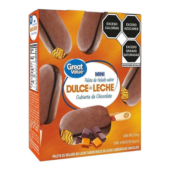 Mini paletas heladas Great Value sabor dulce de leche cubierta de chocolate 4 pzas de 56 g c/u