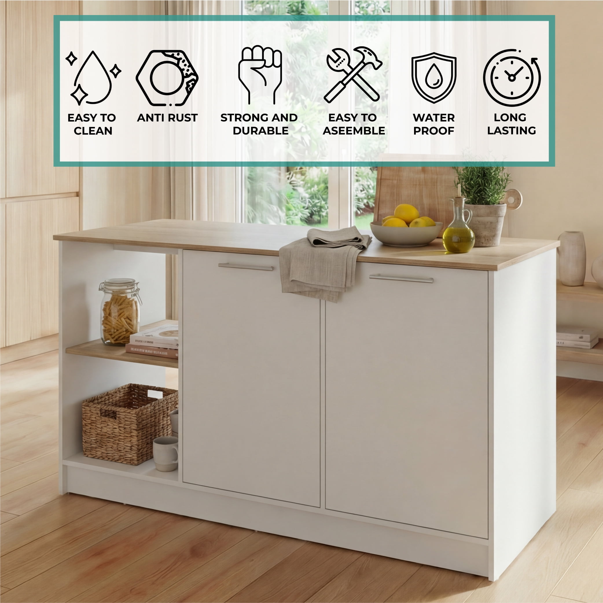 Juniper Kitchen Island with Large Top Surface, Double Door Cabinet, and Open Shelves White / Light Oak