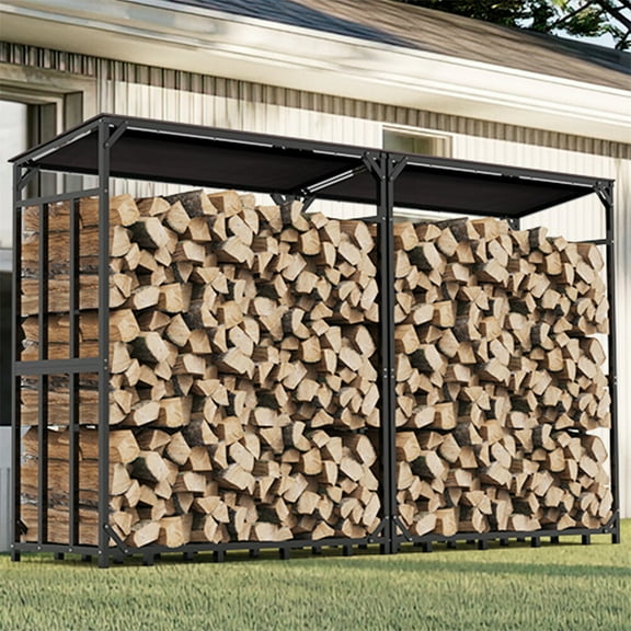 Indoor Outdoor Firewood Rack with Cover, Heavy Duty Steel Firewood Storage Log Holder with Sloped Roof, Black