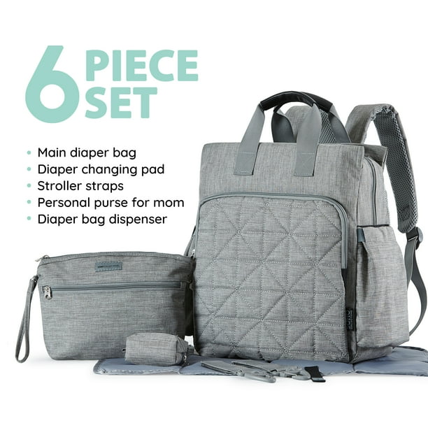 SoHo Backpack Diaper Bag, Gray, 6 Piece Set