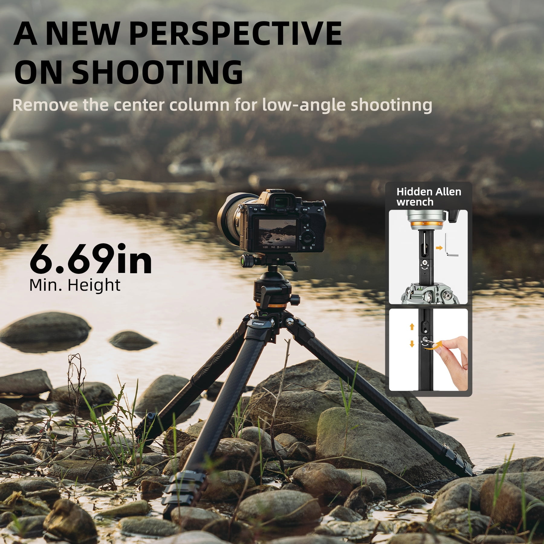 Fotopro Origin Plus Tripod, 60" Carbon Fiber Travel Tripod for Camera, Ball Head, Flip Lock, Carrying Bag, Max Load 20kg/44 lbs, Silver