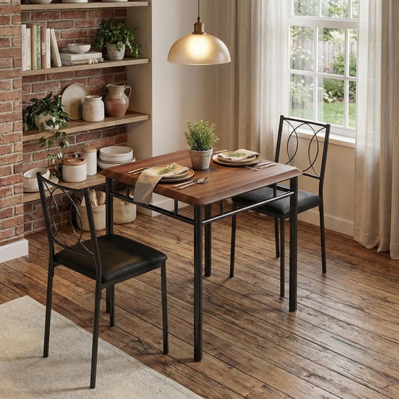 Dining Table Set for 2, Small Kitchen Table with Upholstered Chairs, Farmhouse Wood Dining Table Chairs for Kitchen Room, Small Spaces, Apartment, Walnut