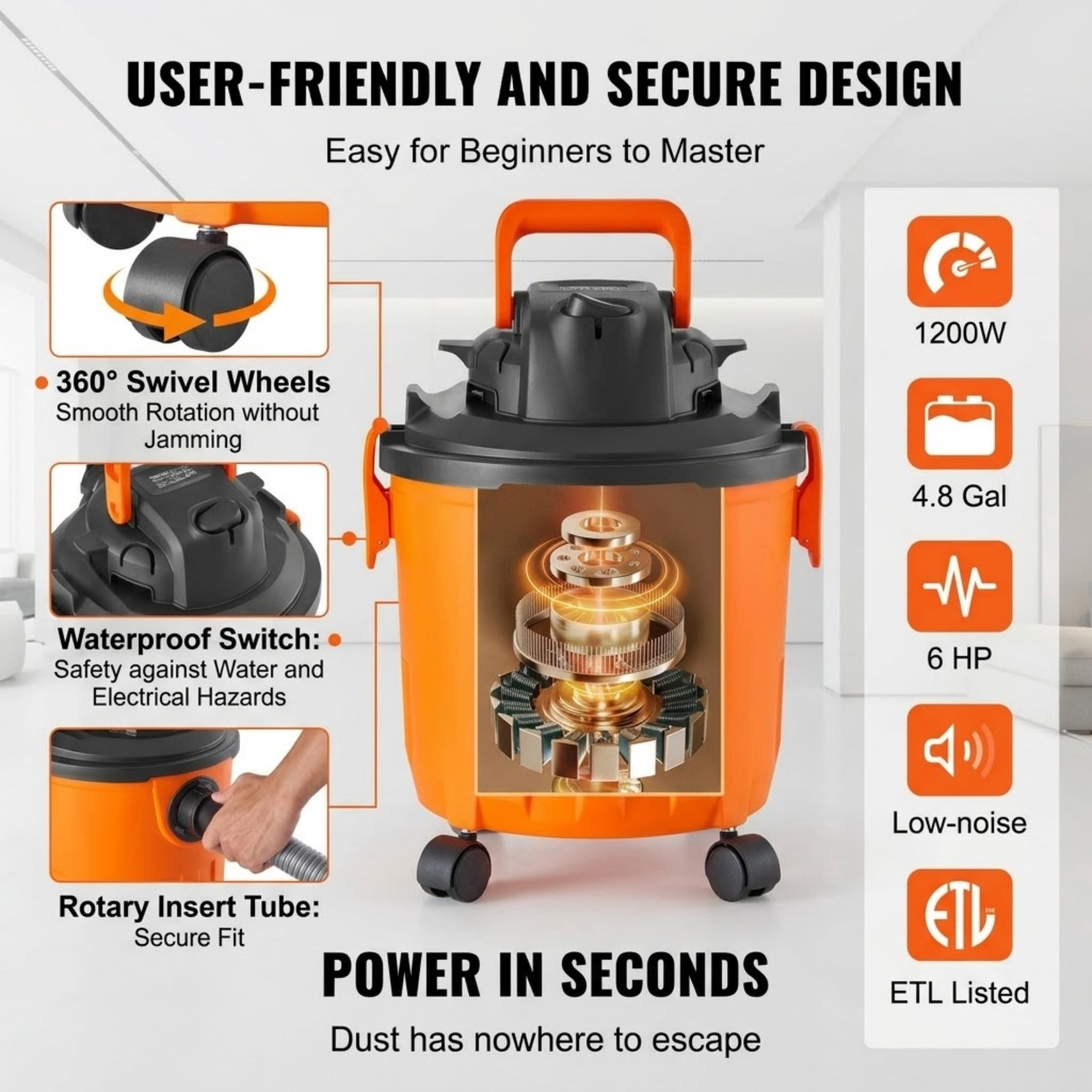 5 Gallon 6 Peak HP Shop Vacuum Wet and Dry, Portable Wet/Dry Vac with Blower Function & 2-in-1 Crevice Nozzle