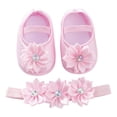 thumbnail image 2 of Baby Girls Mary Jan Flats with Headbands, Bowknot Flowers Princess Wedding Dress Ballet Shoes Non-Slip Toddler First Walkers Newborn Crib Shoes Headband Set for 0-12M, 2 of 4