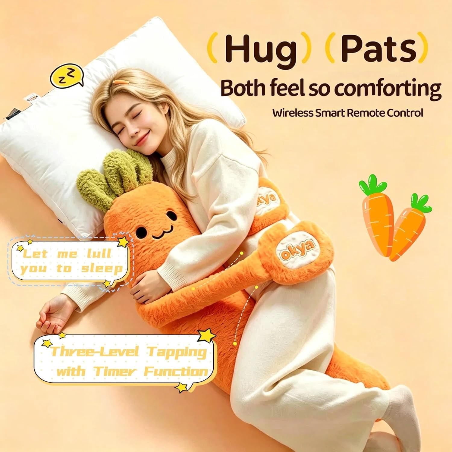 Hugging Patting Pillow for Adults, Carrot King Plush Buddy with Heating & Sleep Aid, Emotional Support Cuddle Soothe Tap Comfort Gift,patting,L