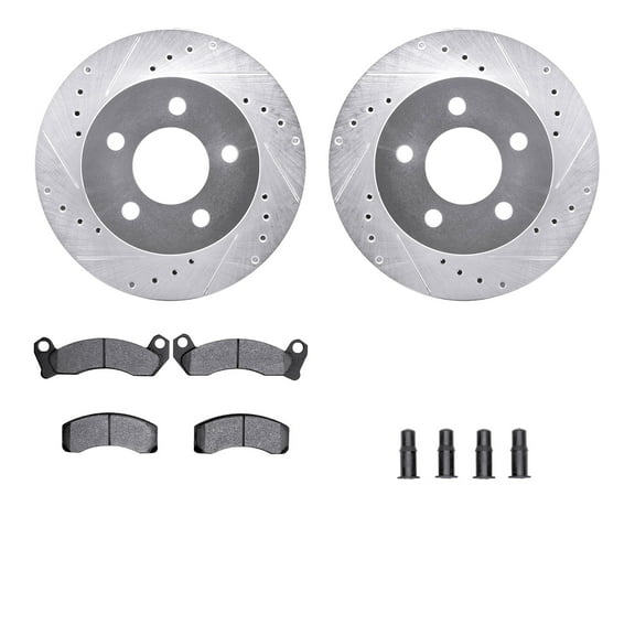 Dynamic Friction Company Front Brake Rotors-Drilled and Slotted-Silver with Heavy Duty Brake Pads includes Hardware 7212-56015