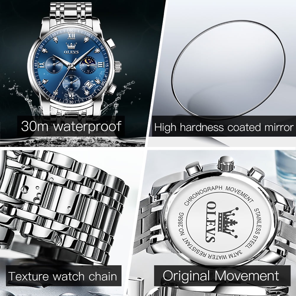 OLEVS Watches for Men, Mens Watches Gifts for Men Chronograph Analog Quartz Luxury Casual Classic Diamond Waterproof Luminous Stainless Steel Reloj para Hombre Blue Dial
