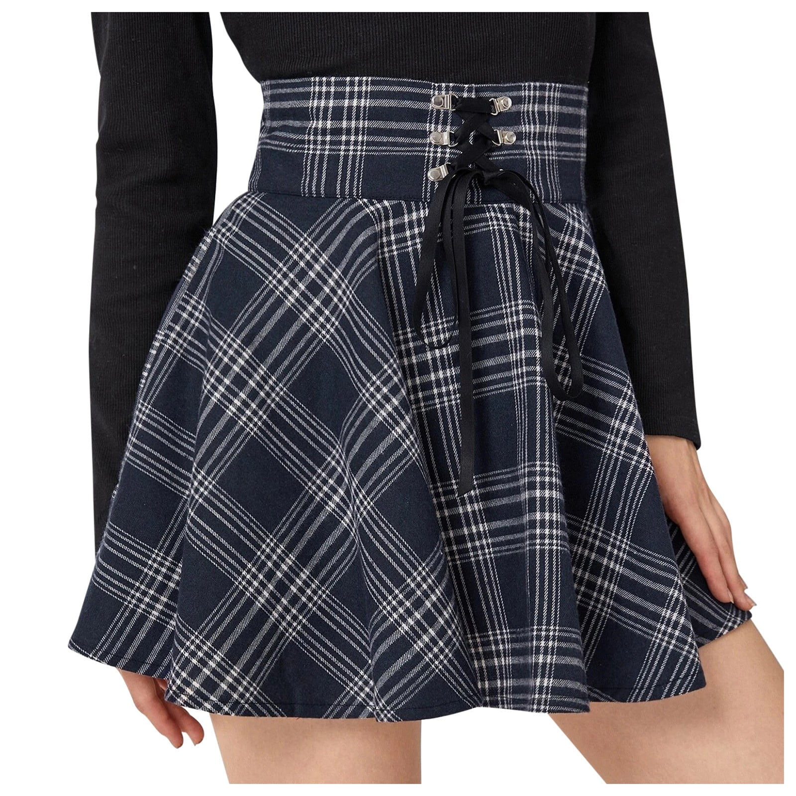 Women Plaid High Waist Lace Trimming Zip Pleated Skirt Lace-up A-line Miniskirts