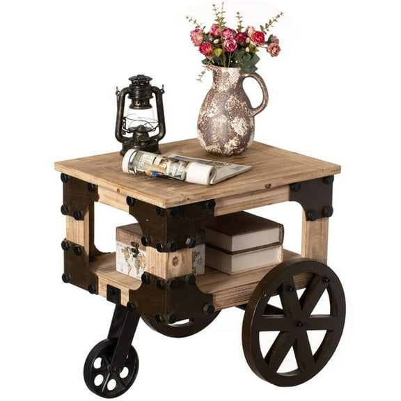 Vintiquewise QI004926.S Vintiquewise Farmhouse Wagon-Style End Table with Storage Shelf & Rolling Wheels Vintage Wood Accent Table for Living Room Bedroom or Entryway