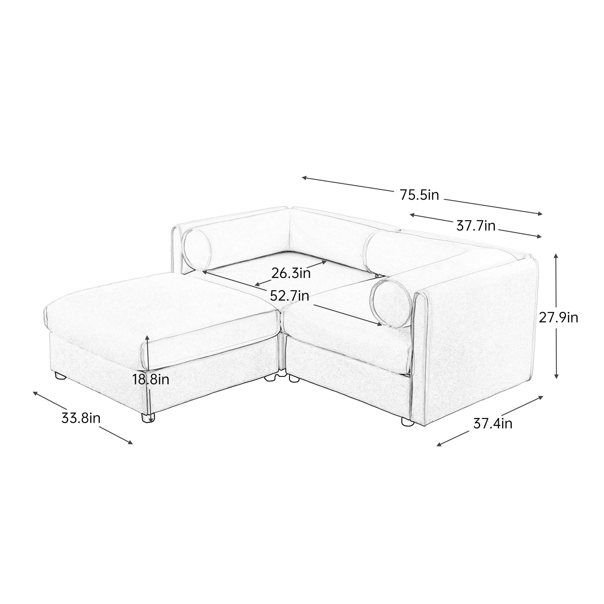 Gewnee Modern Stylish 75.5" Deep Seat White Chenille 2- Seaters Sofa Couch,Loveseat with Ottoman Hidden Storage Seat, Cylindrical Backrest and Armrests Sofa
