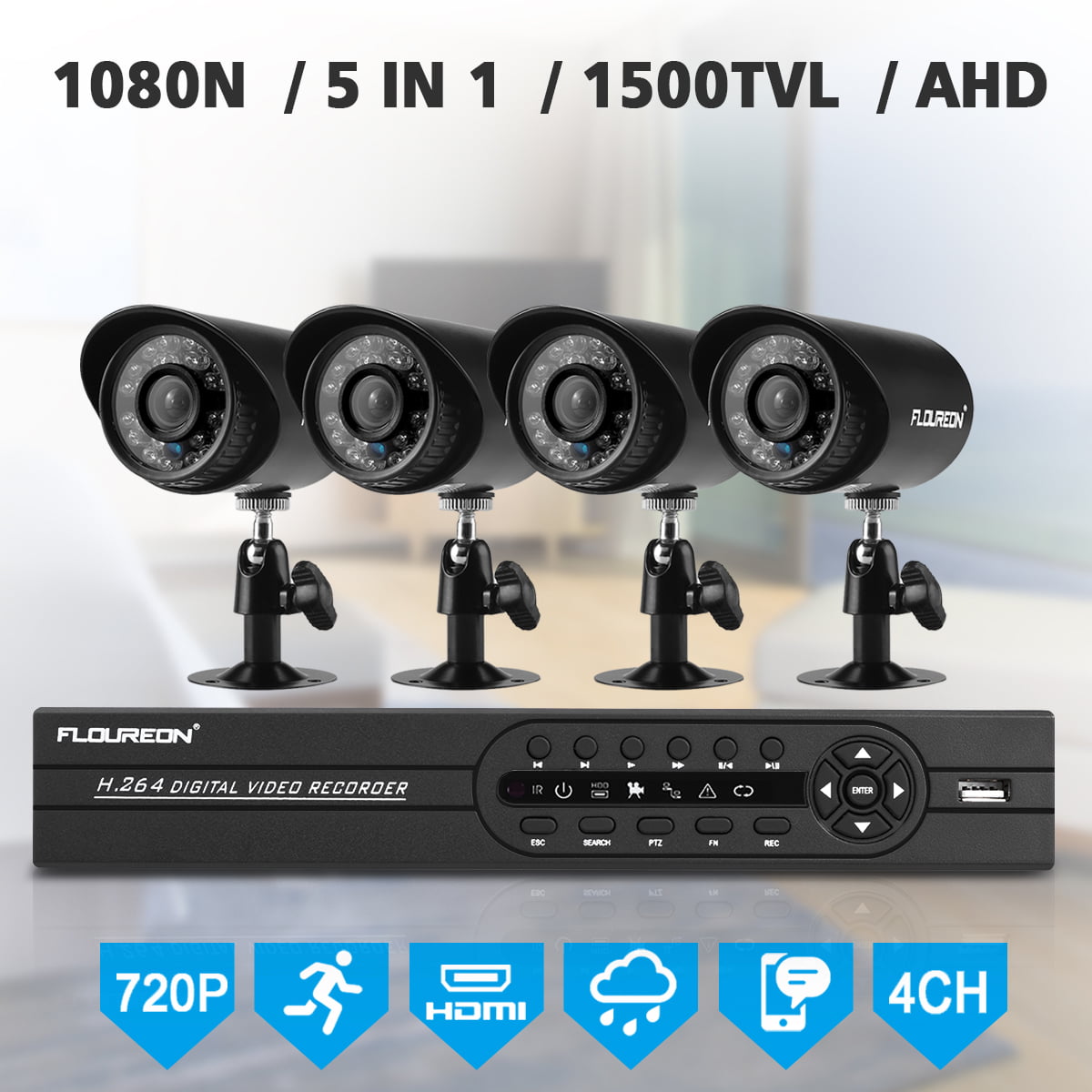 CCTV 4CH 1080N HD DVR Outdoor 2x 1500TVL 720P IP Camera Home Security System Kit 