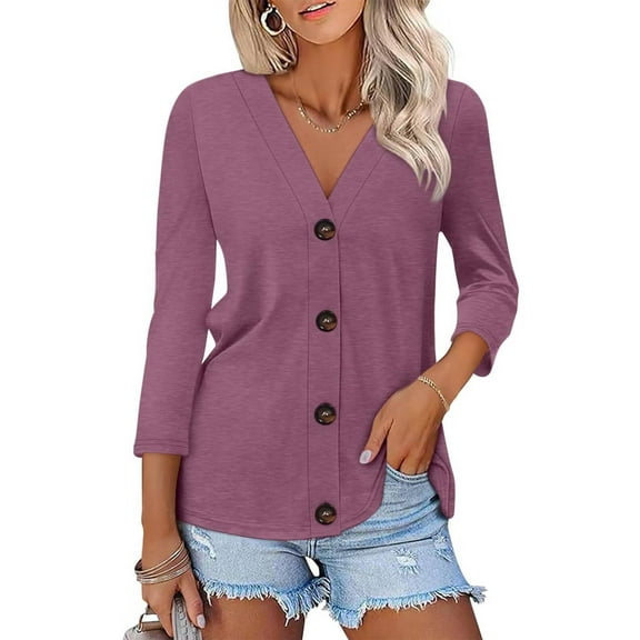 WTOBBY Women's 3/4 Sleeve Solid Color Button Down Casual Top, Fashion Shirt Blouse with Comfort Fit, Lightweight Fabric for Spring Summer Transition,Purple Pink XL