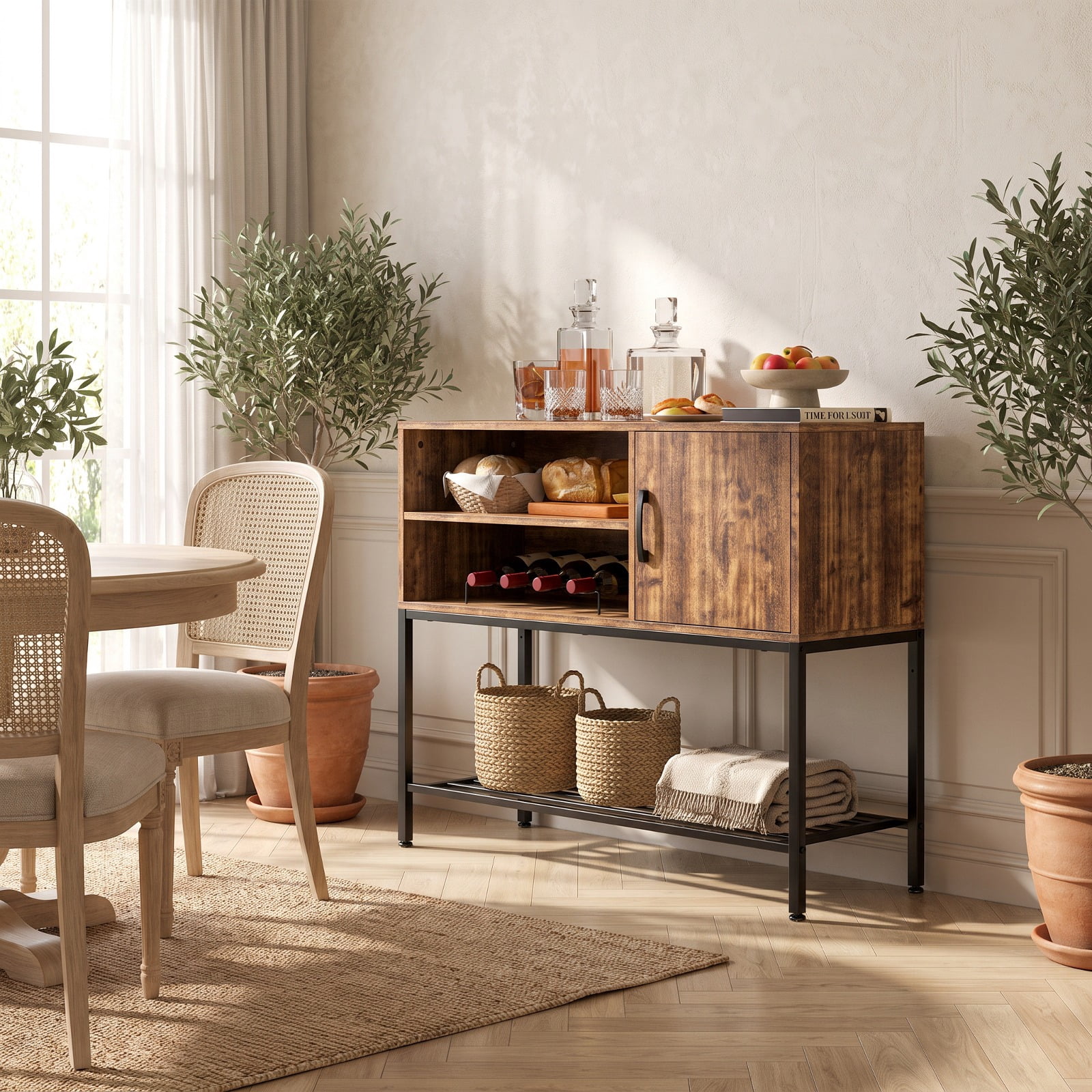 Furnibear Buffet Sideboard Coffee Bar Cabinet with Power Outlets and USB Ports for Kitchen Dining Living Room Buffet Storage Server, Rustic Brown