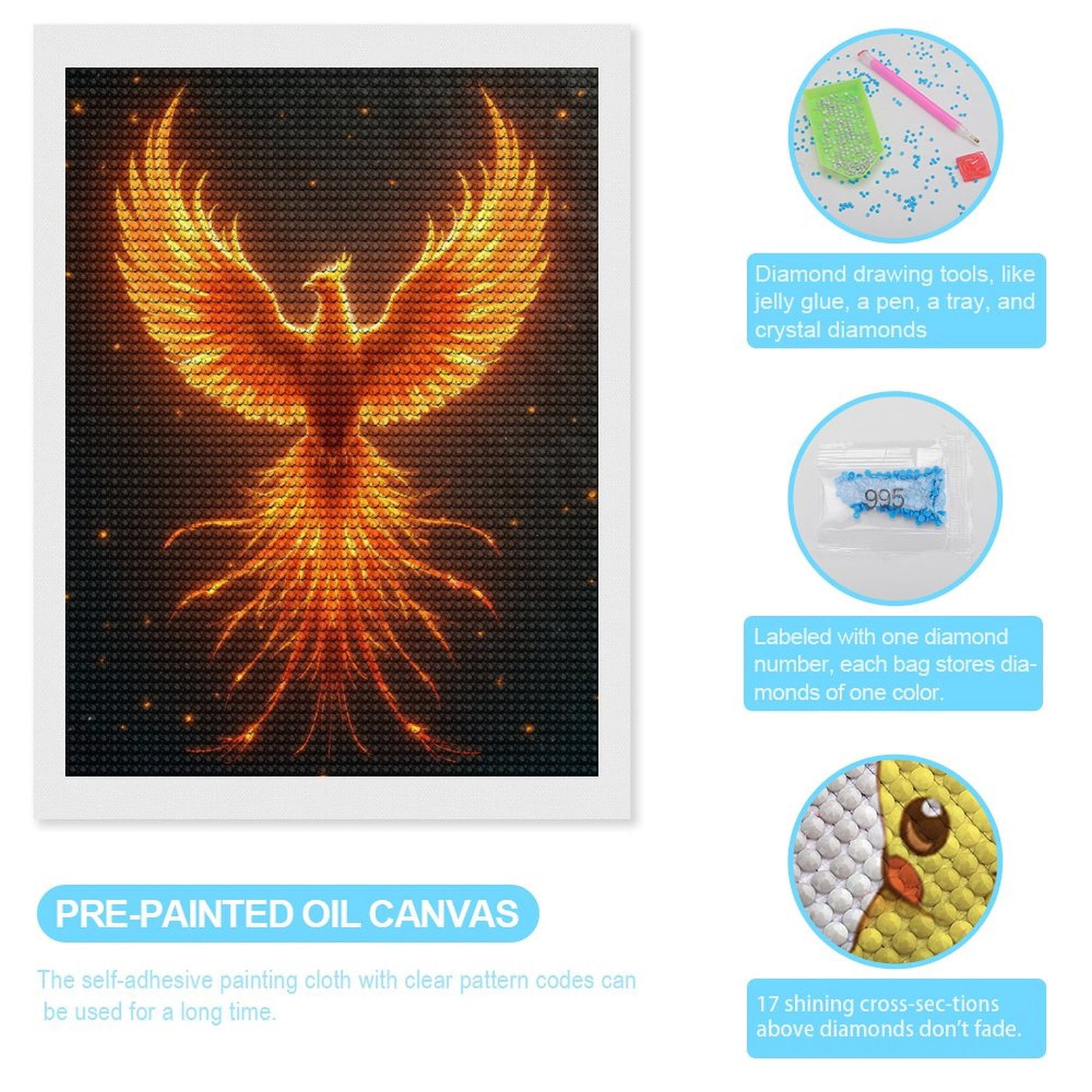 Diamond Art Kits for Adults, Phoenix Fire Bird Mythical Wings 5D Diamond Painting Kits for Adults Beginners, DIY Full Drill Diamond Painting, Gem Art and Crafts 12x16