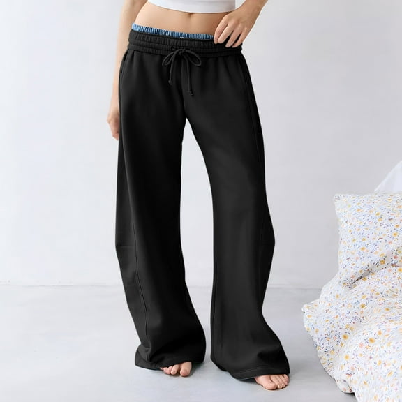 Womens Wide Leg Sweatpants Casual High Waist Baggy Jogger Pants with Pockets Loose Fit Lounge Trousers for Workout Travel Running Hiking Daily Wear Black