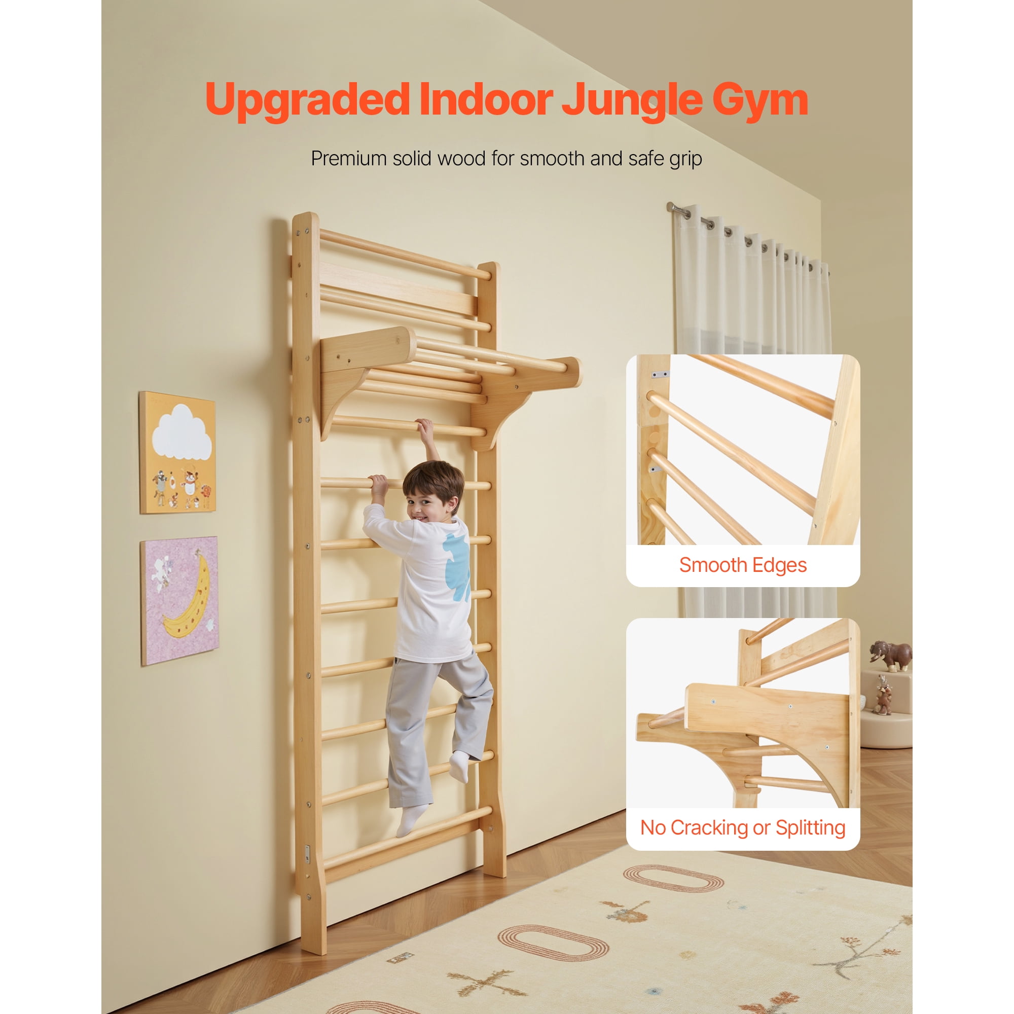 KFFKFF Swedish Ladder Wall Gym Gymnastic Stall Bars with Pull‑Up Bar for Ages Kids 3+ and Adults 1 x Swedish Ladder Wall Gym, 1 x User Manual
