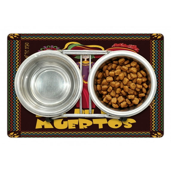 Dia De Los Muertos Pet Mat for Food and Water, Women 3 Skeleton in Traditional Clothes and Hats Calavera Image, Non-Slip Rubber Mat for Dogs and Cats, 18" X 12", by Ambesonne