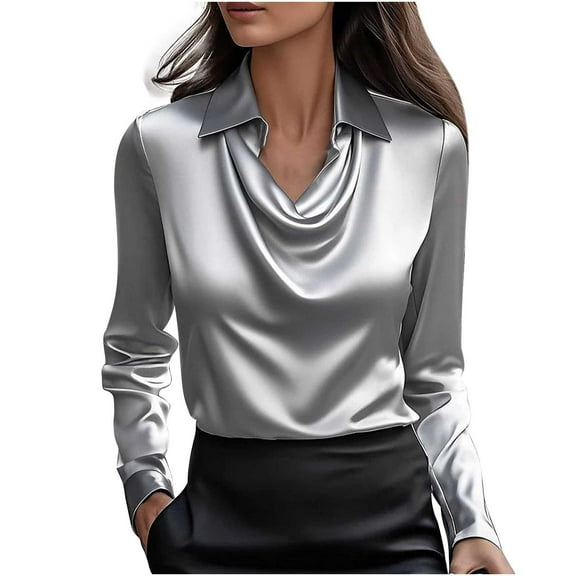 Uaswgudfs Womens Tops Casual Elegance Long Sleeve Smooth Silky Fabric Cowl Neckline, Relaxed Drape Fit Comfortable Everyday Wear & Versatile Styling