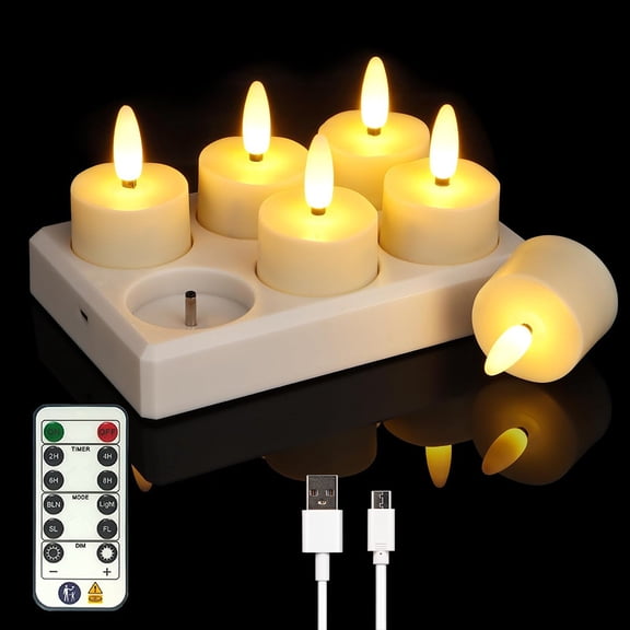 HaoXun 6 Pcs USB Rechargeable LED Tea Light Candles with Remote Control - Flameless Flickering Battery-Operated Candles for Christmas Home Decor