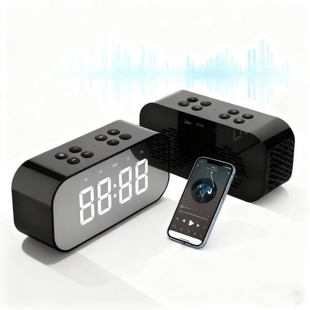 Alarm Clock with Bluetooth Speaker, Alarm Clock for Bedroom/Office, LED Digital Alarm Clock, Large Display Easy to Read Across,Makeup Mirror Multi-Function Desk Clock for Heavy Sleepers Adults(Black)