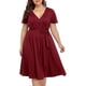 thumbnail image 1 of Falda midi holgada de manga corta con cuello en V, talla grande, color liso, para verano de 2022, color rojo vino, XL, 1 of 5