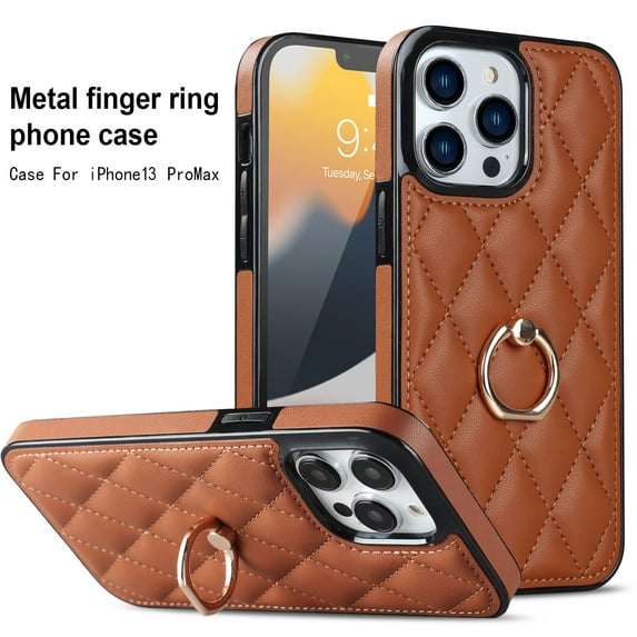 SaniMore for iPhone 13 Pro Max 6.7" 2021 Case, PU Leather Case with Luxury Fashion 3D Lattice for Girls Women 360° Rotating Metal Ring/Kickstand Shockproof Durable Case For iPhone 13 Pro Max, Brown