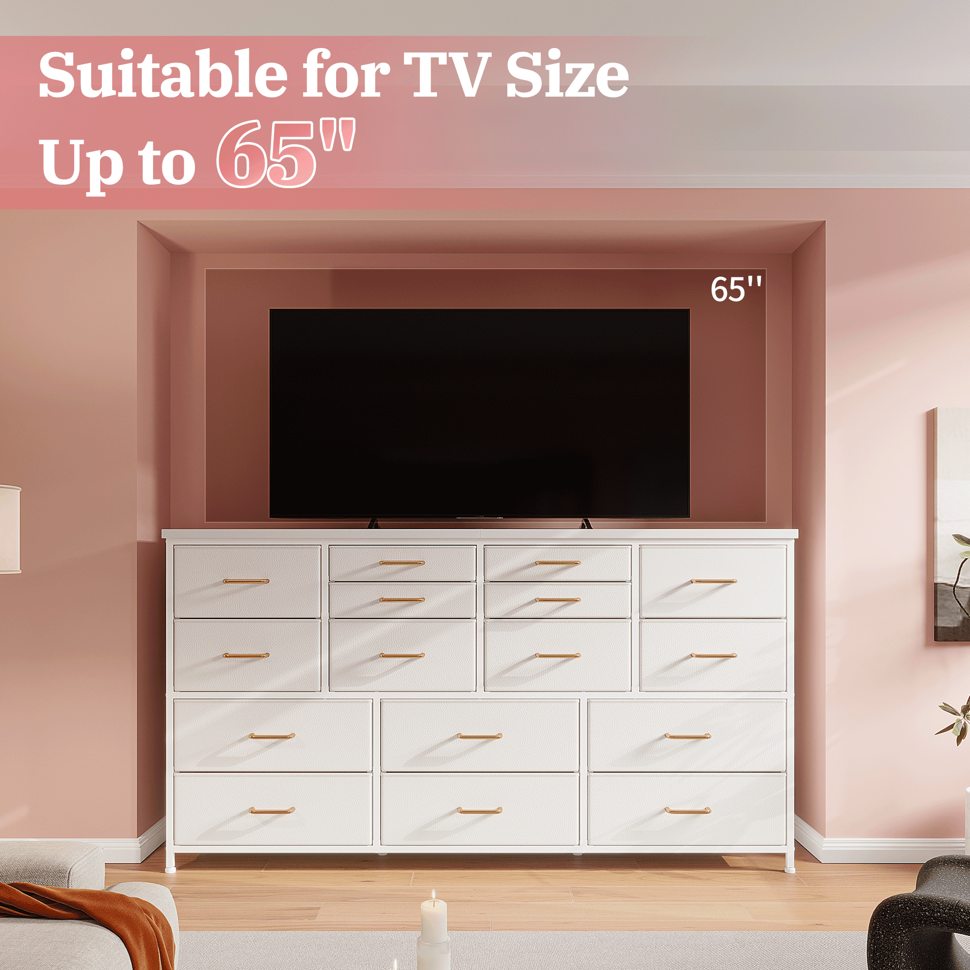 EnHomee Wide Dresser with 16 Drawers TV Stand with Power Outlet Black Dresser for Bedroom Fabric Dresser TV Stands for Living Room/Bedroom,51.1