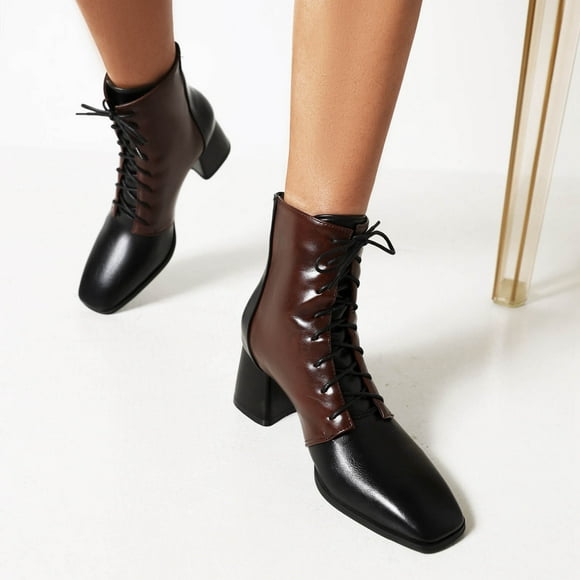 Thick-heeled Short Boots Lace-up Women's Shoes For Autumn And Winter New Color Matching Mid-heel Small Square Toe