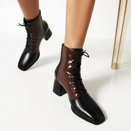

FITORON Womens Mid Calf Boots- Thick-heeled Short Boots Lace-up Shoes for Autumn and Winter New Color Matching Mid-heel Small Square Toe Red 43