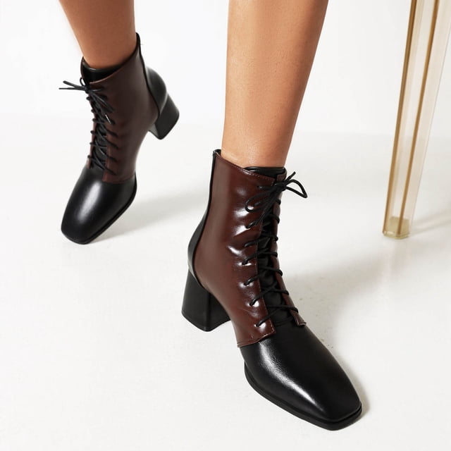 Thick-heeled Short Boots Lace-up Women's Shoes For Autumn And Winter New Color Matching Mid-heel Small Square Toe