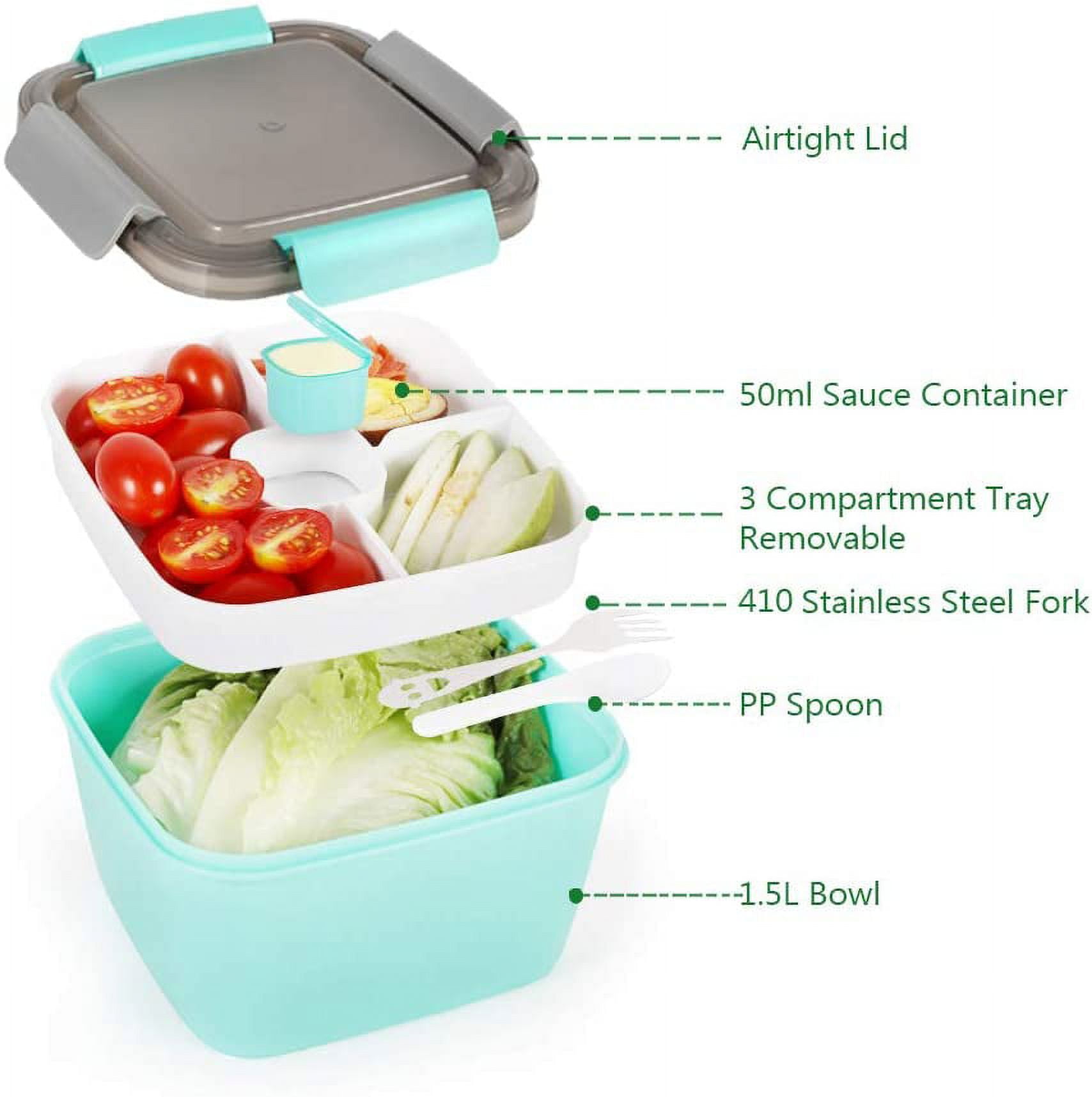 Htovila Double Layer Salad Lunch Container 4-Compartment with Sauce Container Fork Spoon Food Prep Storage Containers for Lunch Snacks School Travel