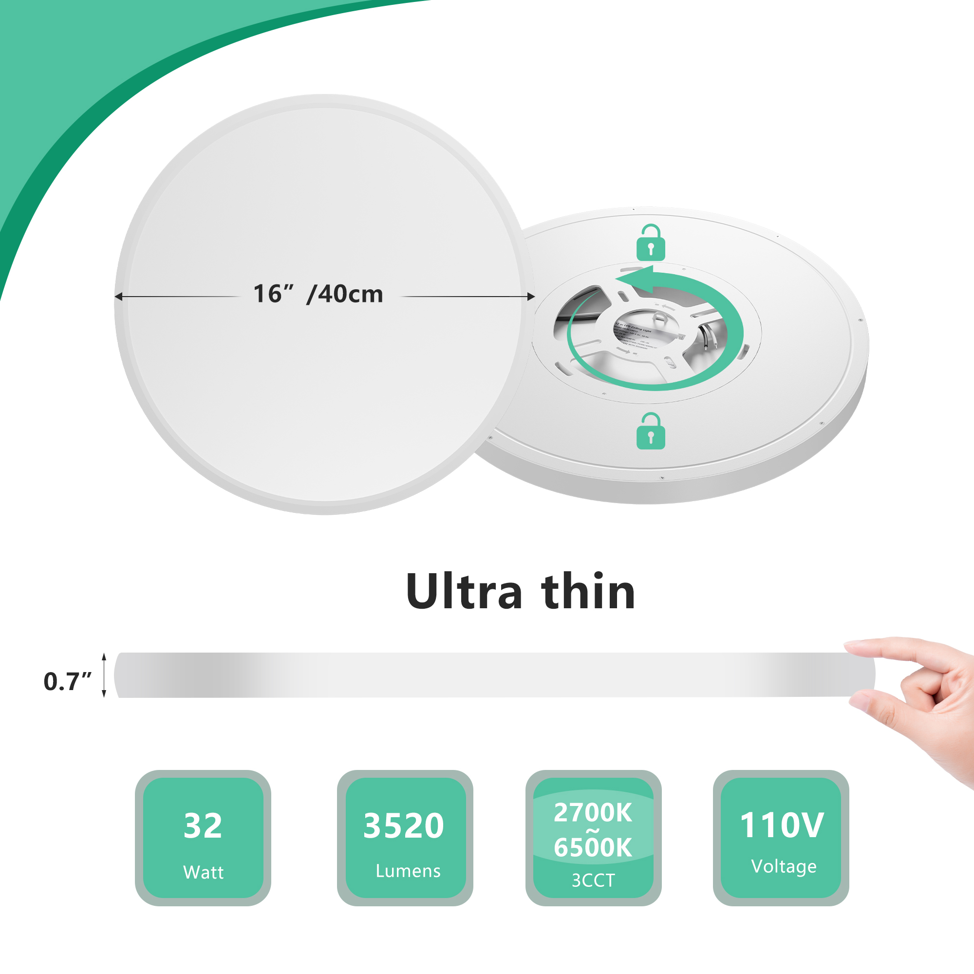 Leumius 4-Pack Flush Mount LED Ceiling Light Fixture, 16Inch 32Watt, Dimmable & 5 Color Selectable Ceiling Lamp 3520LM Low Profile Ceiling Light for Kitchen Bedroom Hallway Porch White