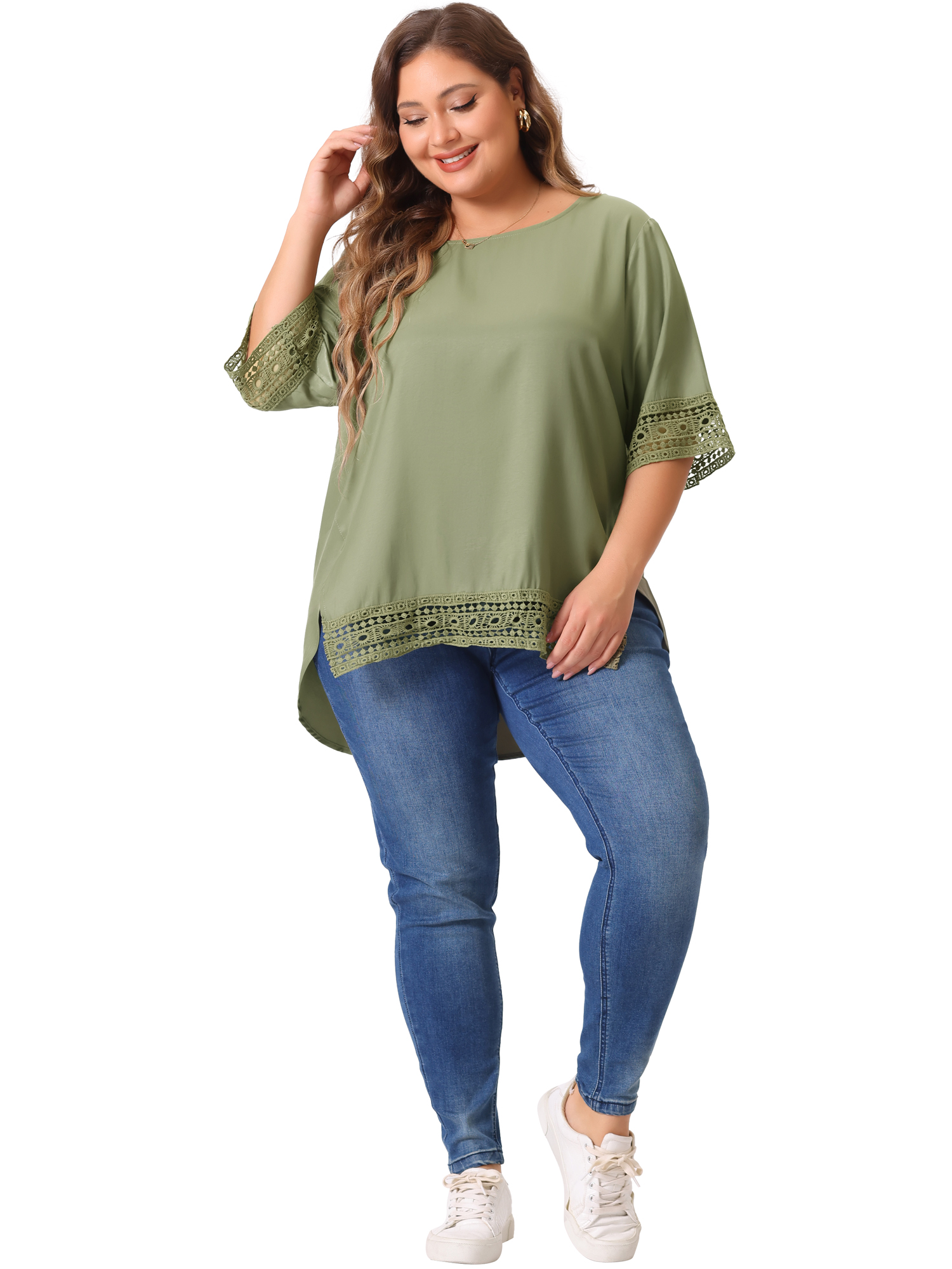 Women's Plus Summer Tops Lace Crochet Short Sleeve Casual Blouses 4X Army Green
