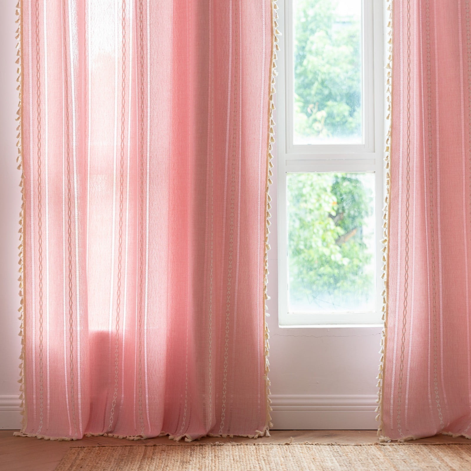 Curtain,Home Champagne Boho Curtains For Bedroom Semi Linen Farmhouse Shabby Chic Tassels Window Embroidery Drape For House Decor Rod Pocket 1 Panel