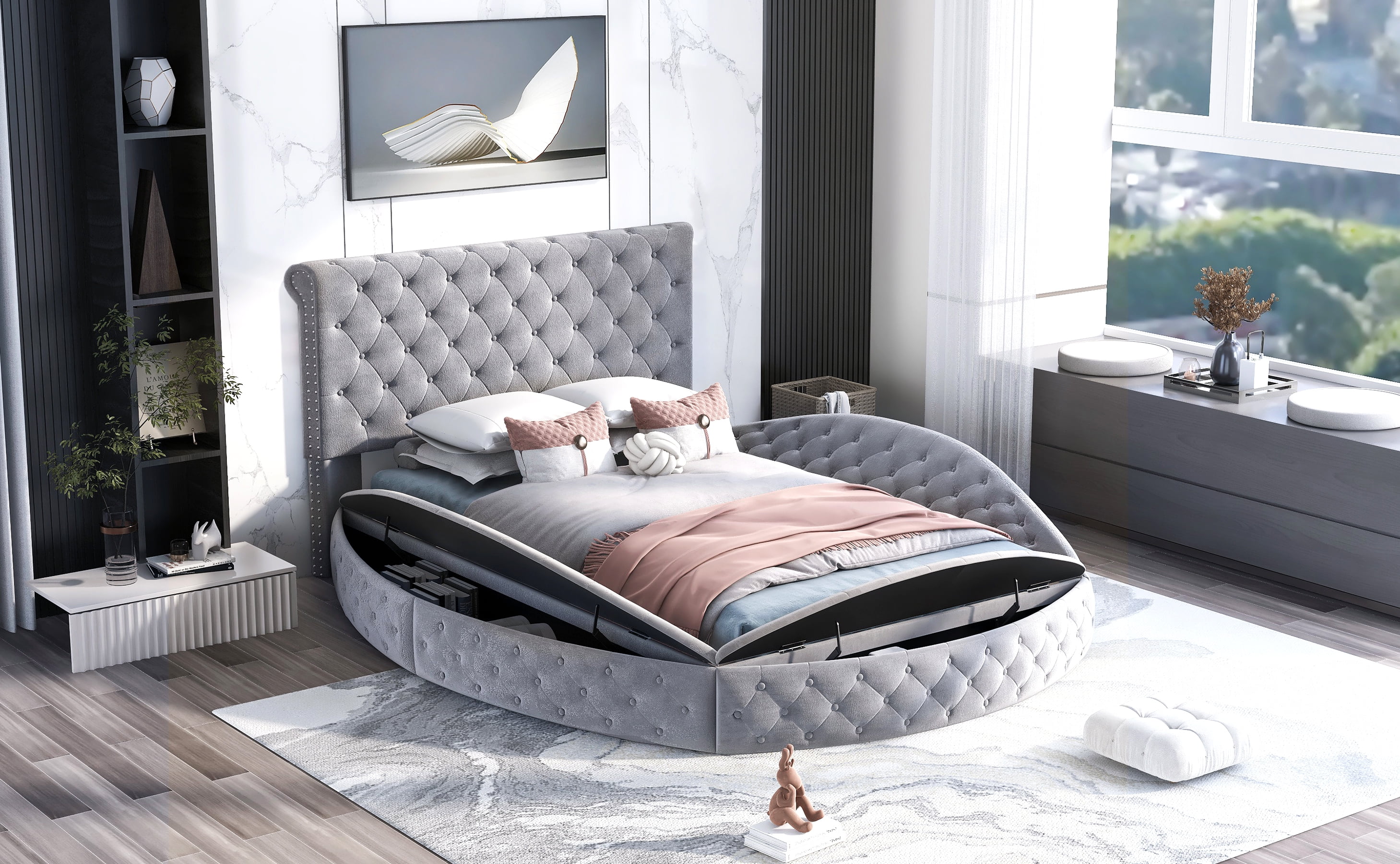 Kruipen regisseur Vies EUROCO Full Size Round Bed, Upholstery Low Profile Storage Platform Bed  with Storage Space on Both Sides, Tufted and Soft Velvet Headborad for Kids  Living Room, Gray - Walmart.com
