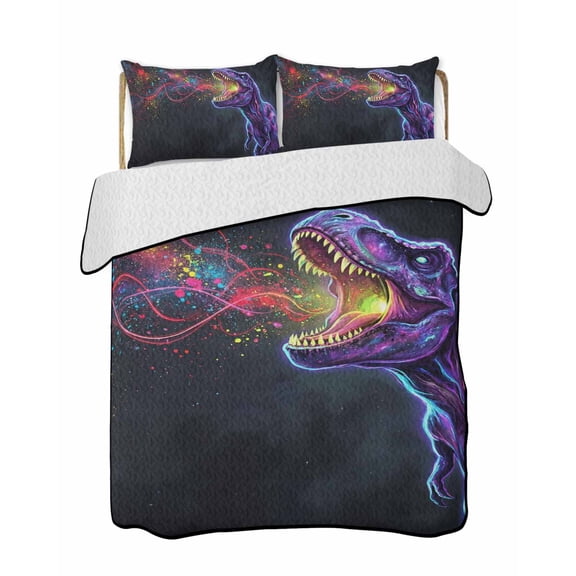 Quilts Twin-XL Size Bedding Set, Purple Dinosaur Lightweight Quilted Comforter, Modern Black Abstract Color Lights Soft Reversible Bedspread Coverlet with Pillow Covers for All Season, 68" x 98"