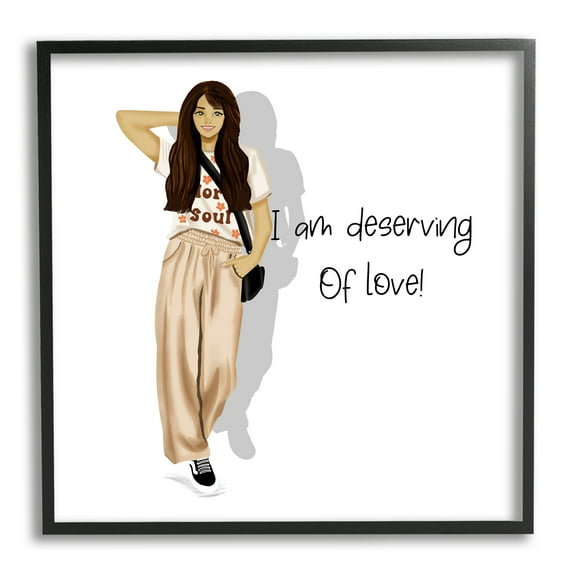 Stupell Industries Deserving of Love Girl Inspirational Painting Black Framed Art Print Wall Art, 12 x 12