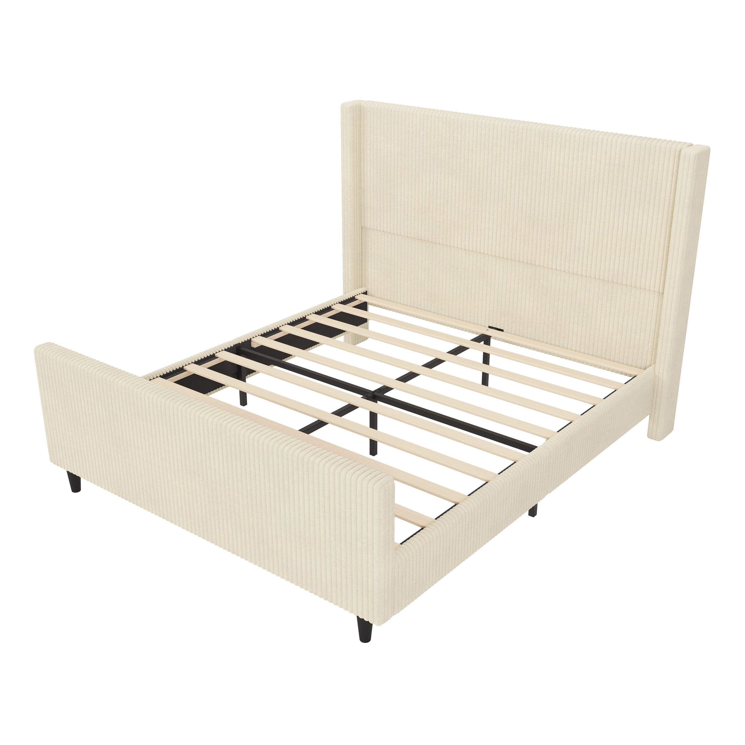 FFZ Corduroy Upholstered Queen Bed Frame with 50.7 inch Stripe Wingback Headboard, Cream