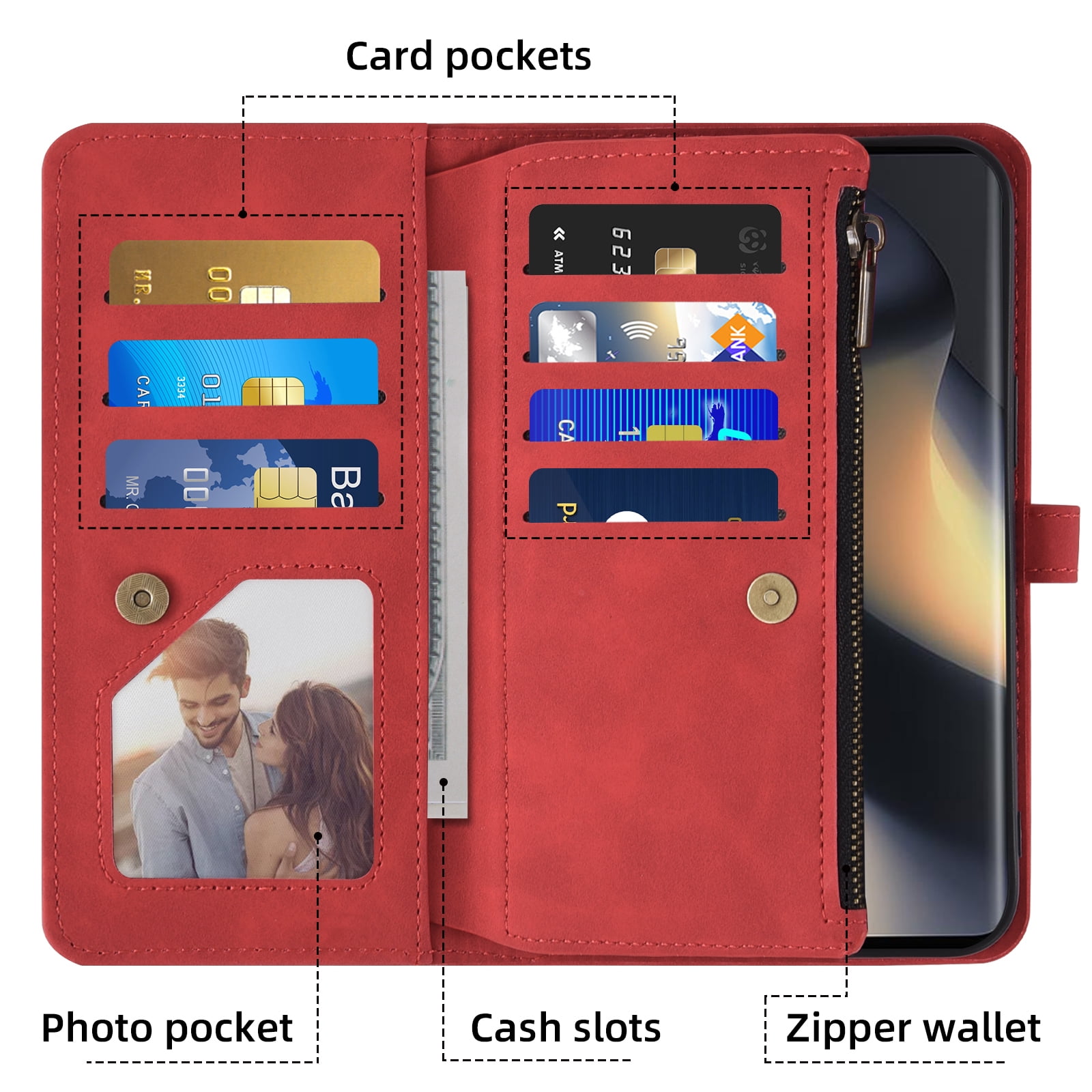 Asuwish Phone Case for Motorola Edge 5G 2024 Wallet Cover With Tempered Glass Screen Protector Crossbody Wrist Strap Flip Pattern Zipper Credit Card Holder Stand Slot Cell Moto Edge2024 Women Men Red