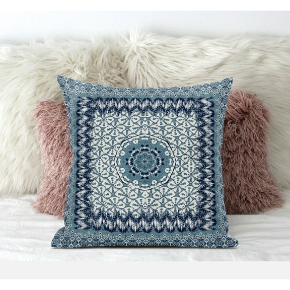 16â€ Blue White Holy Floral Suede Throw Pillow